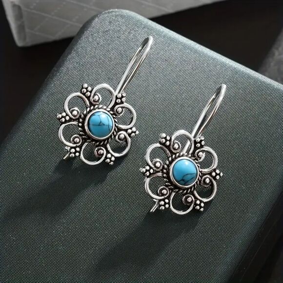 Silver Turquoise Flower Drop Earrings Dangle Pendant Elegant Filigree Charm New - Picture 5 of 6
